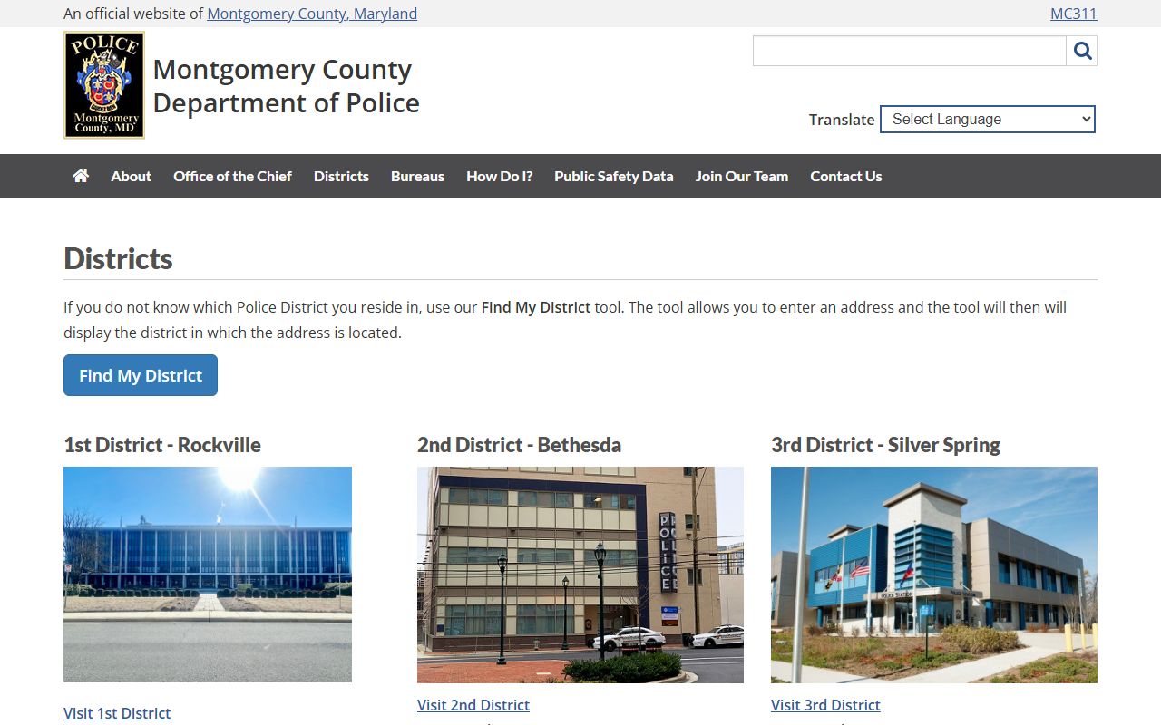 Montgomery County Police districts page showing Aspen Hill 4th District coverage