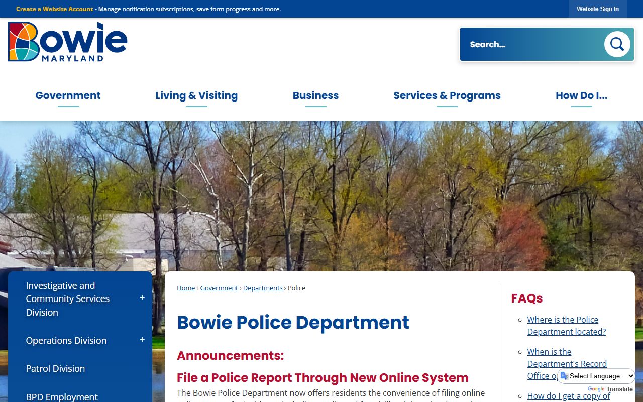 Bowie Police Department online reporting for Bowie records