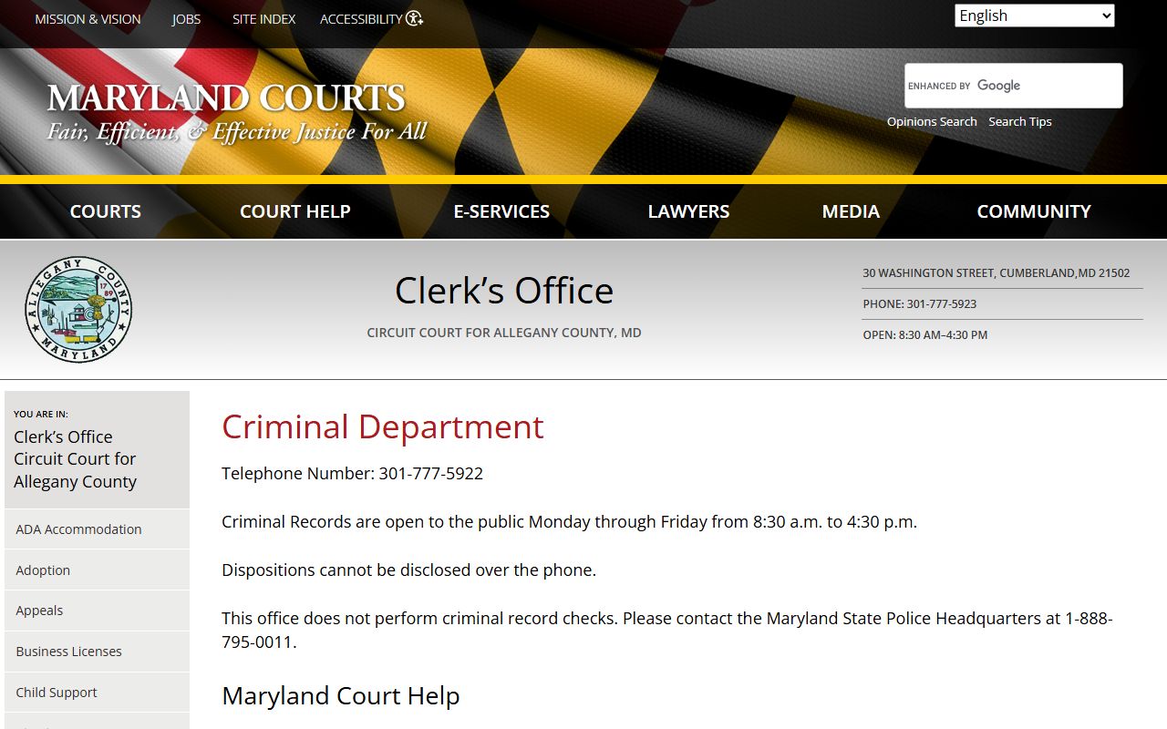 Allegany County criminal records access page