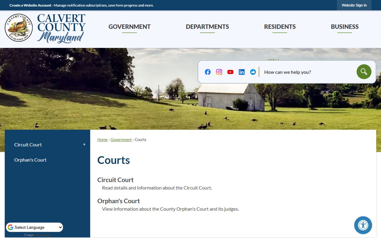 Calvert County Courts page showing District and Circuit Court locations