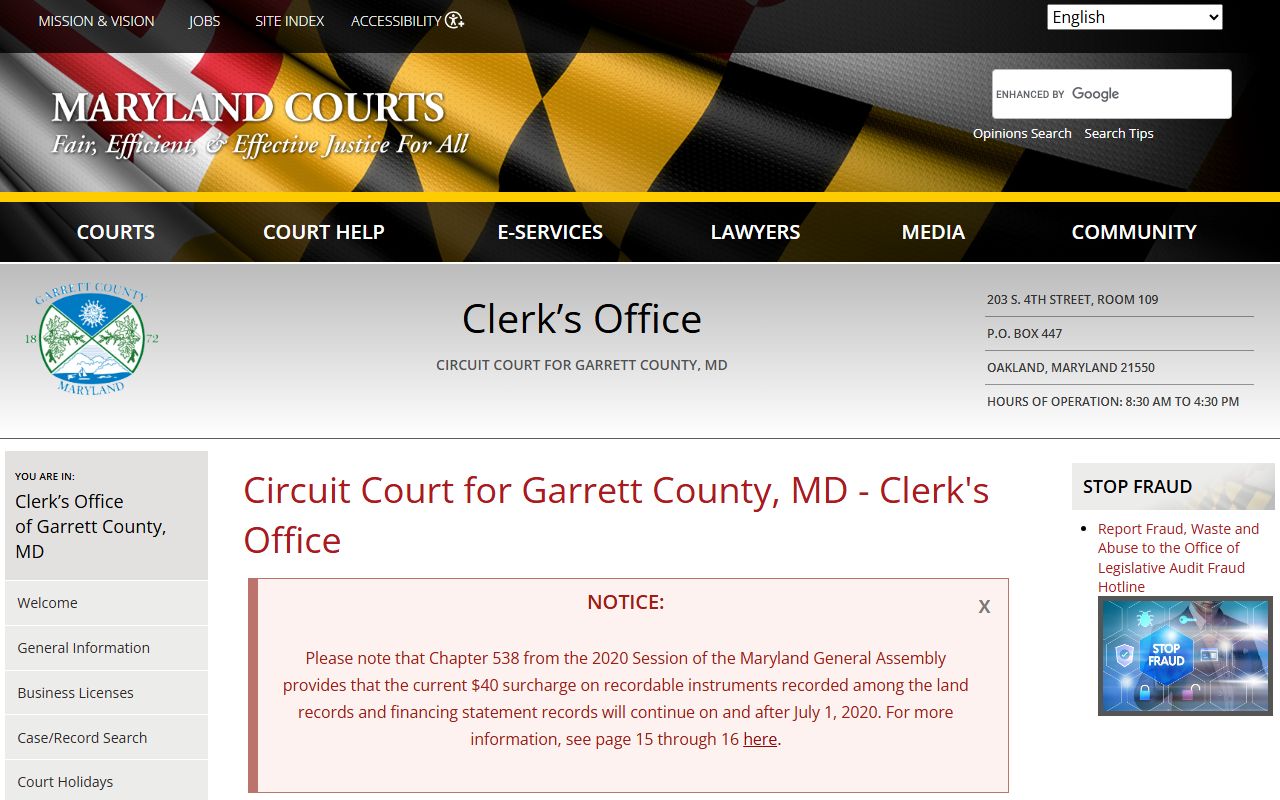 Garrett County Circuit Court Clerk page for criminal records