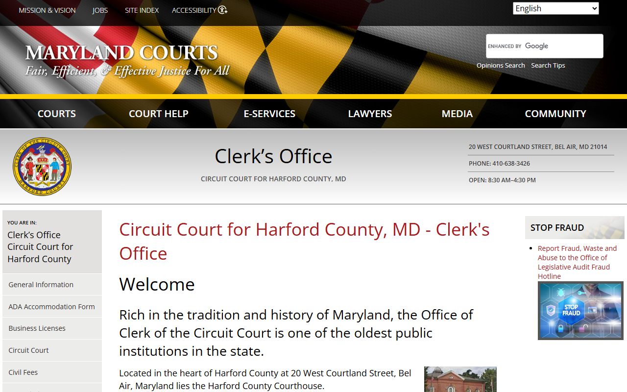 Harford County Circuit Court Clerk page for criminal records