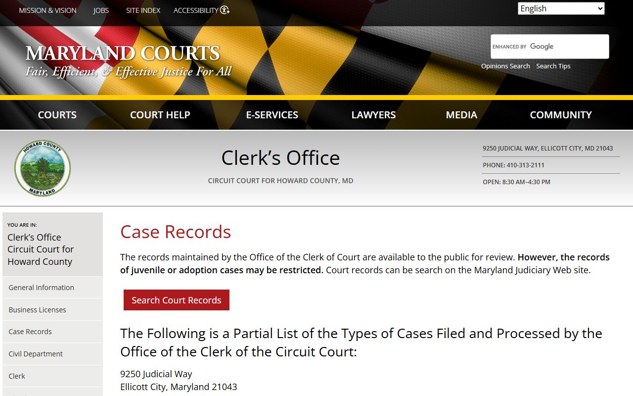 Howard County case records access page for criminal records