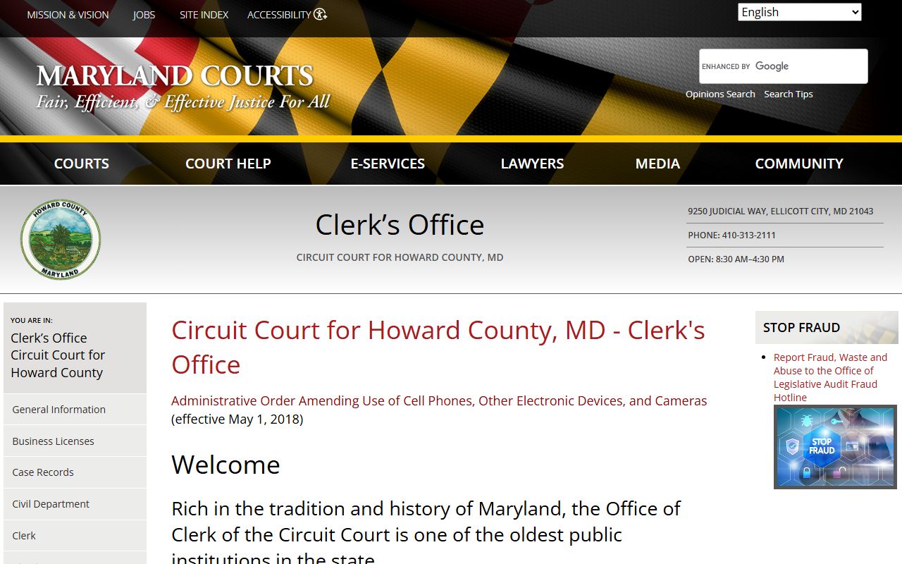 Howard County Circuit Court Clerk page for criminal records