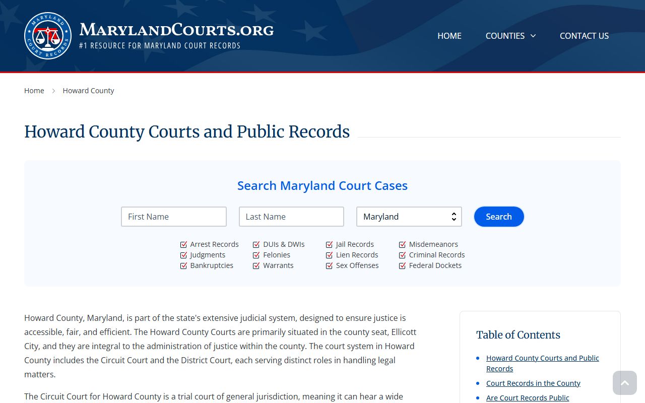Maryland Courts information page for Howard County criminal records