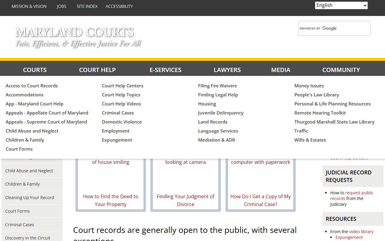Maryland Courts access to court records information page explaining criminal records availability