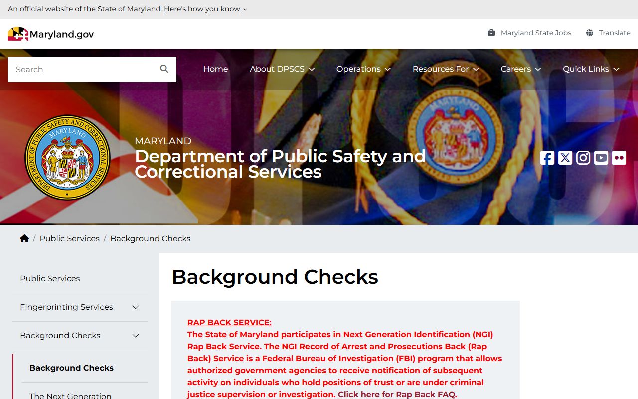 CJIS background checks portal at Maryland Department of Public Safety for criminal records