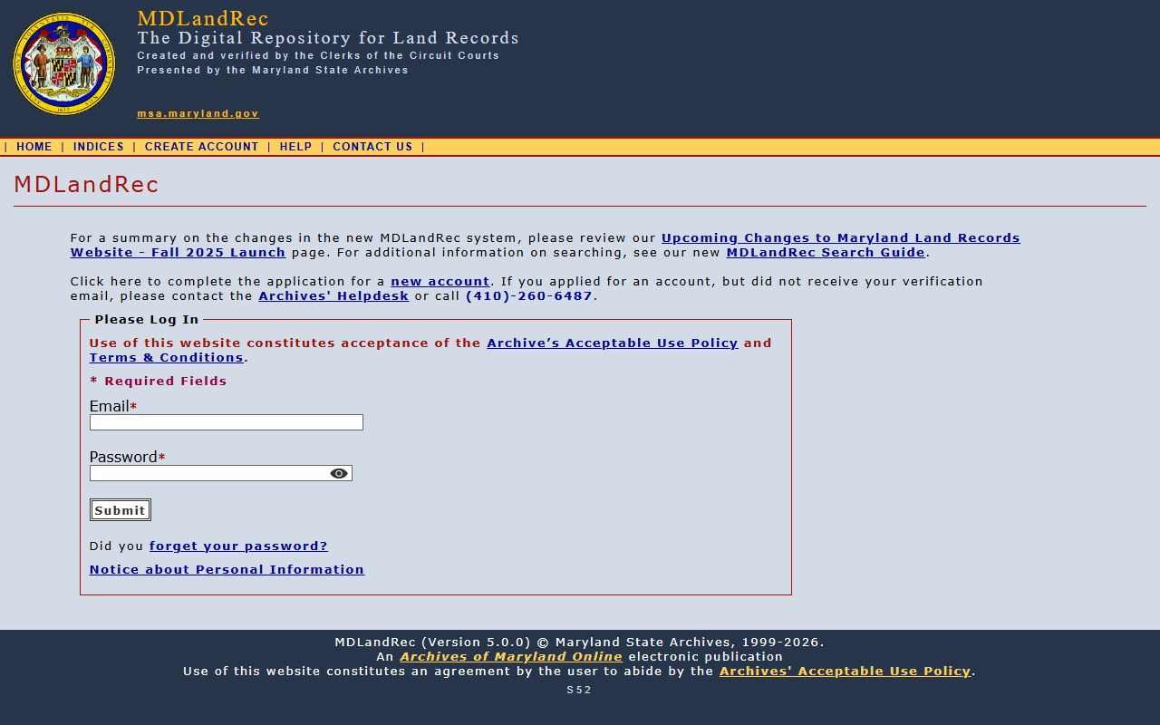 Maryland Land Records database maintained by the Maryland Judiciary for property and related records