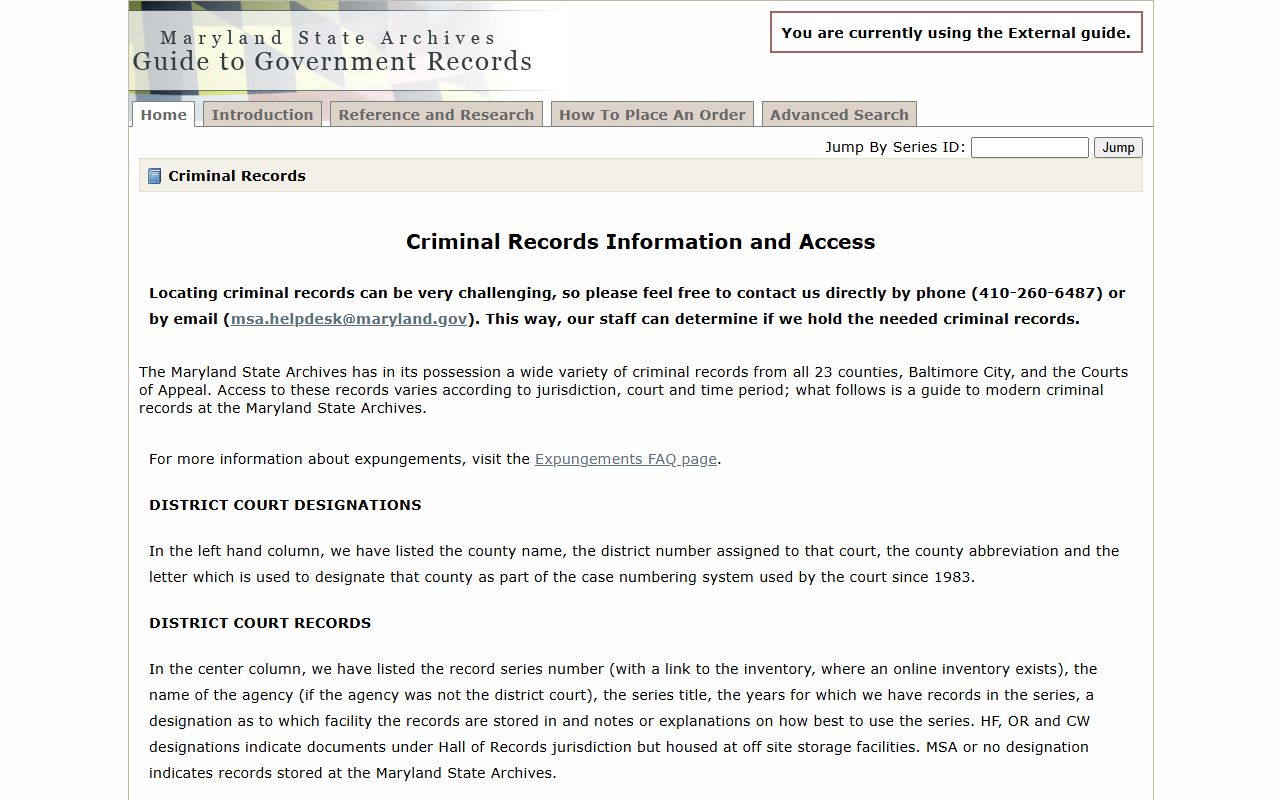 Maryland State Archives criminal records guide showing historical criminal records available in Maryland